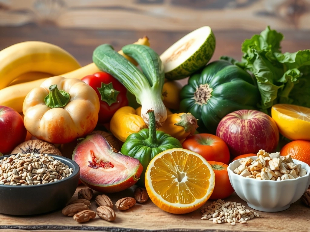 Vibrant, healthy food arrangement on a wooden table, bright and inviting.